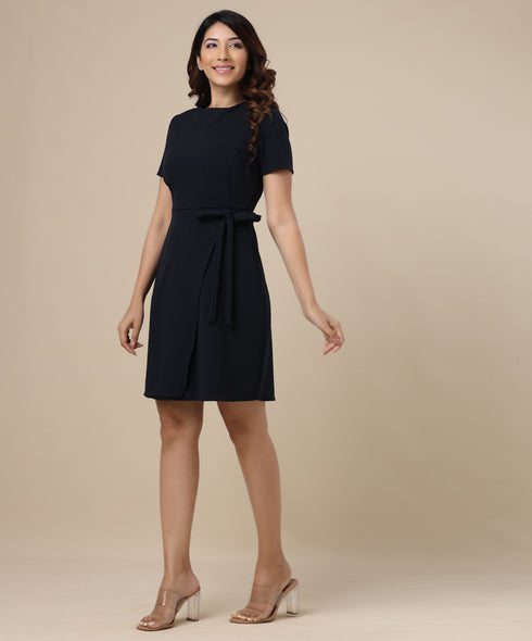 Round Neck Shift Navy Dress